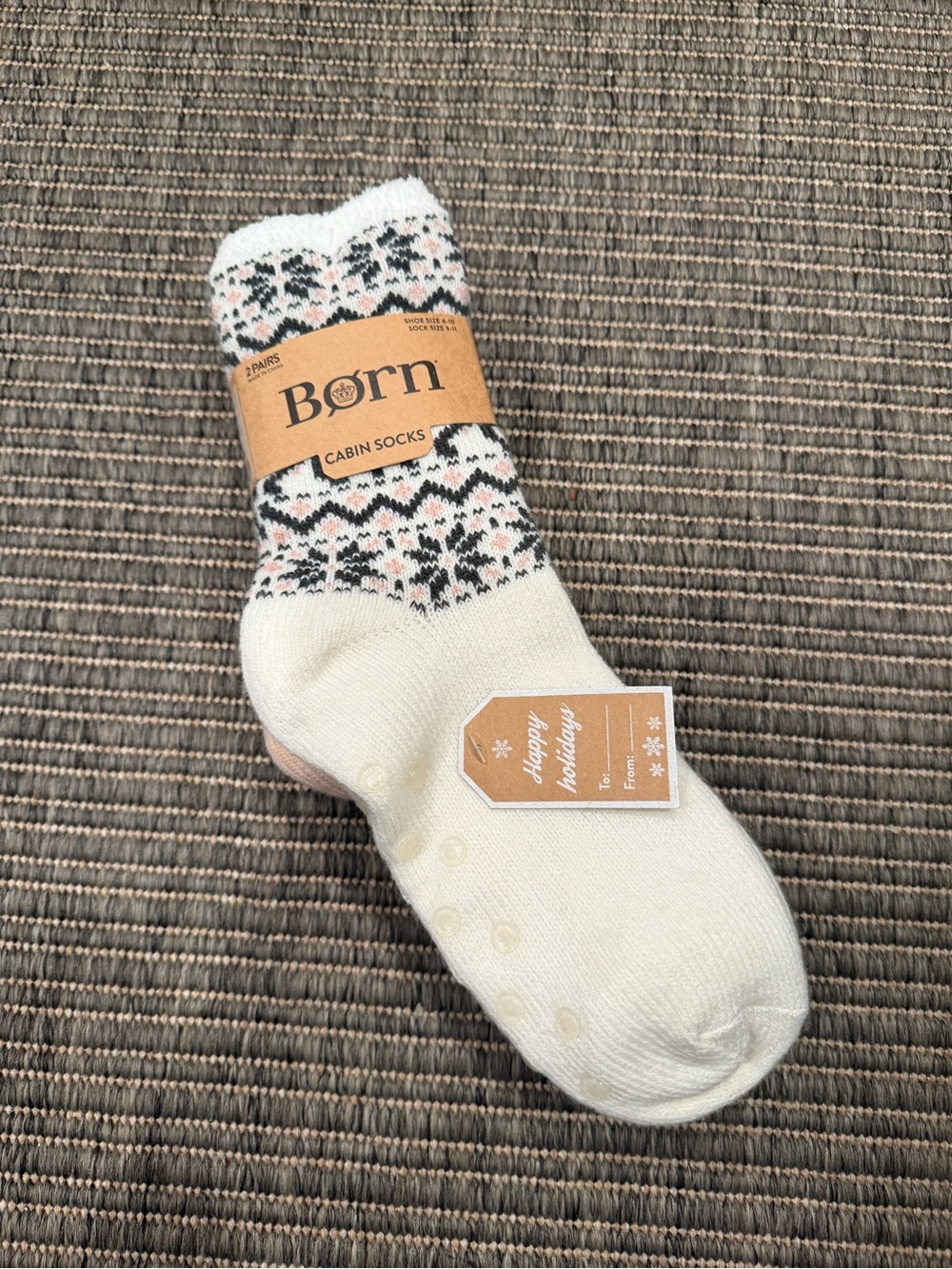Born Cream Fair Isle Cabin Socks with Black and Pink Accents